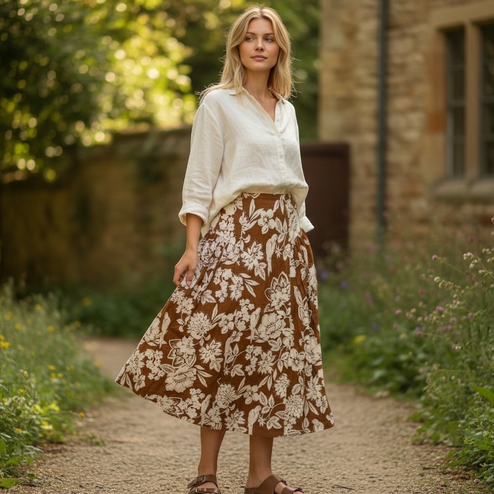 True Destinations Brown Floral Bird Print Cotton Midi Skirt Size 12/14 High Rise